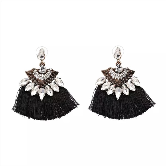 Tassel Earrings Bohemian Fan Shape Black Statement - Picture 4 of 5